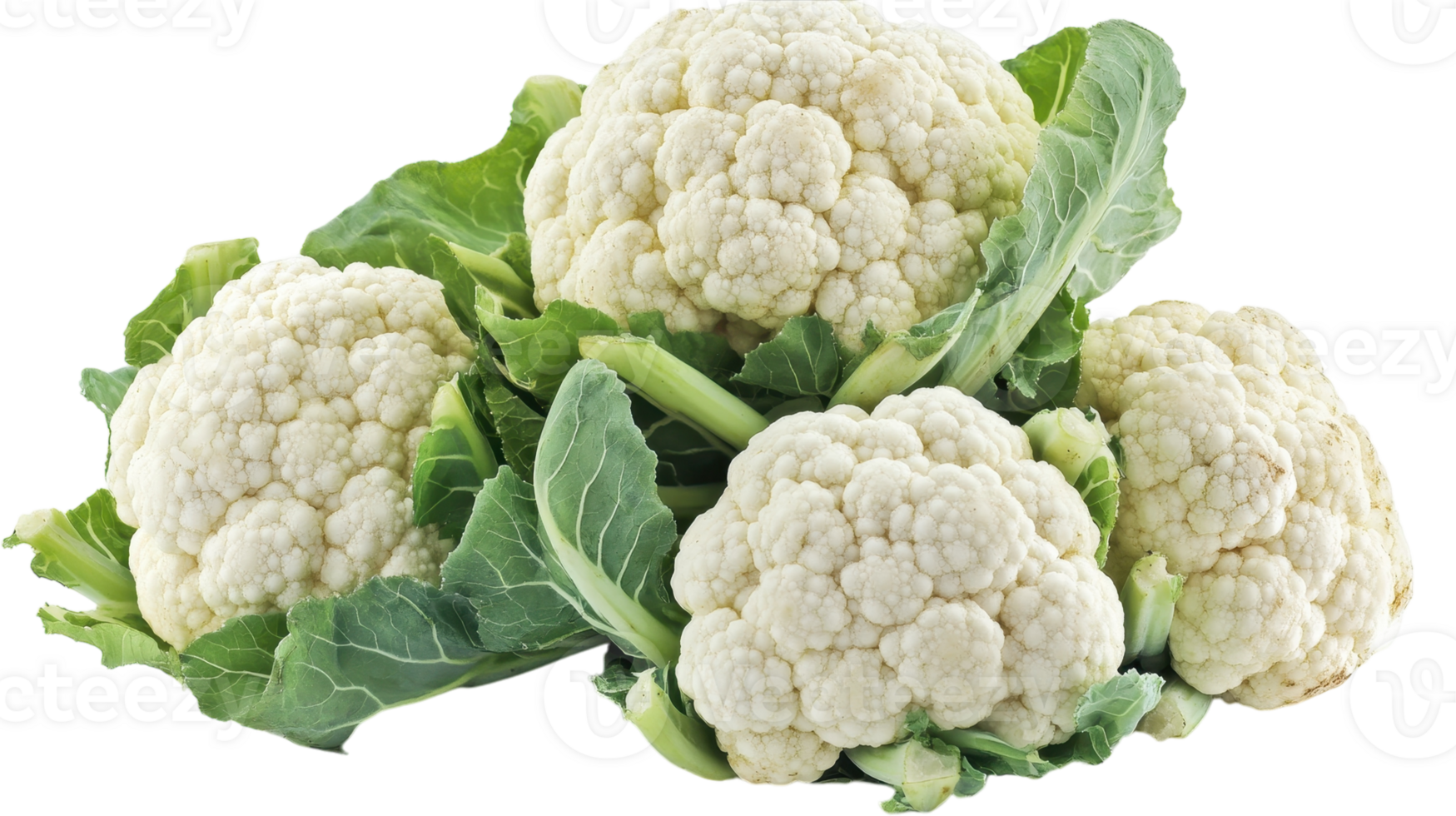 Three beautiful cauliflower heads stand proudly surrounded by their rich green leaves. png