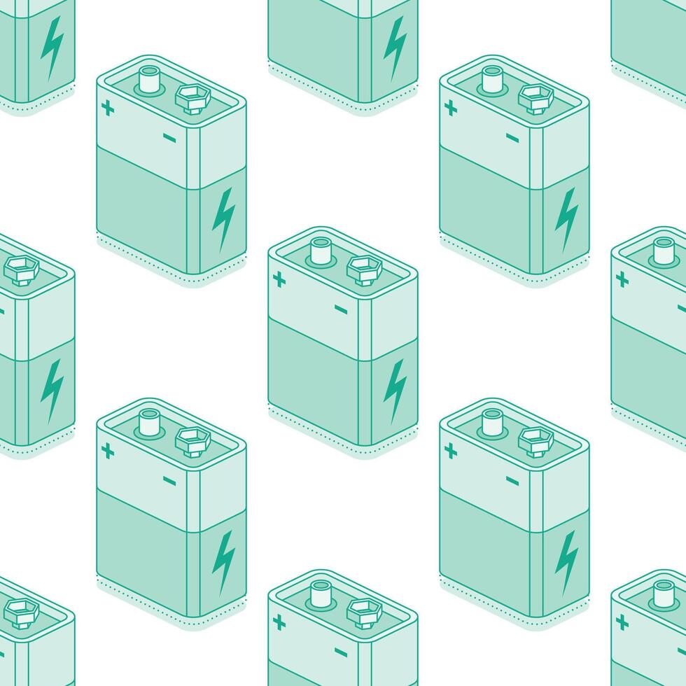 Seamless pattern with isometric 9V battery isolated on white background. Nine volt battery. Outline style. vector