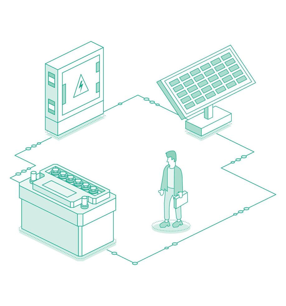 Solar panel for generation of electricity and car battery isolated on white background. Accumulator battery and electrical transformer. Isometric outline objects. vector