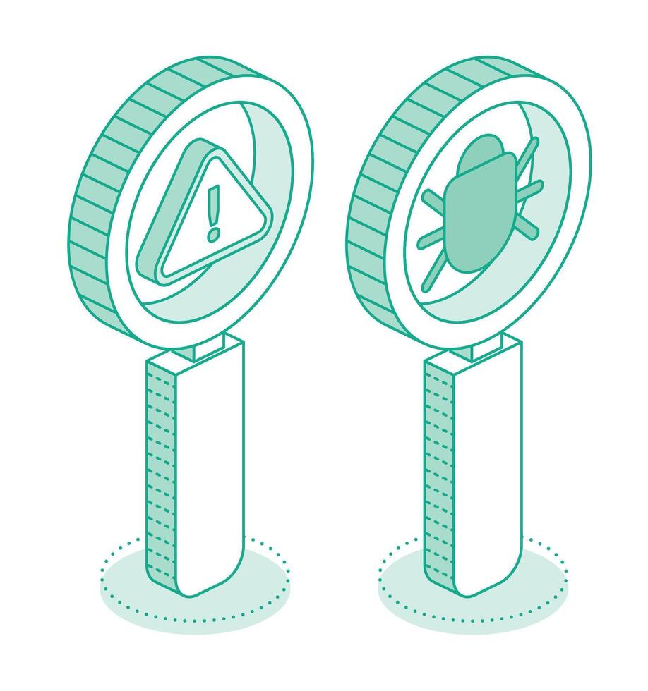 Debugging. Magnifying glass with bug and exclamation mark isolated on white background. Isometric outline objects. Debug code. Software testing concept. vector