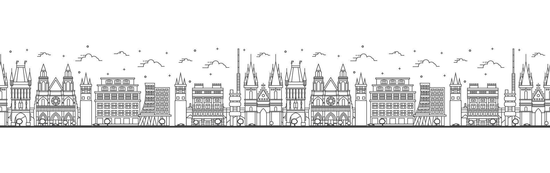 Seamless pattern with outline Prague Czech Republic City Skyline with Historic Buildings Isolated on White. Prague Cityscape with Landmarks. vector