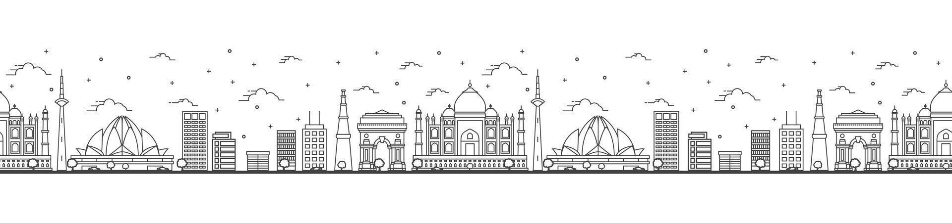 Seamless pattern with outline Delhi India City Skyline with Historic Buildings Isolated on White. Delhi Cityscape with Landmarks. vector