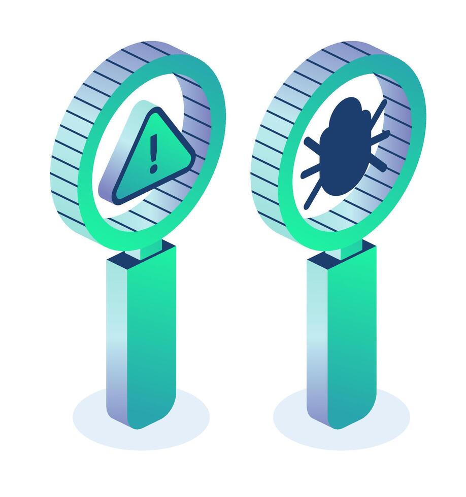 Debugging. Magnifying glass with bug and exclamation mark isolated on white background. Isometric objects. Debug code. Software testing concept. vector