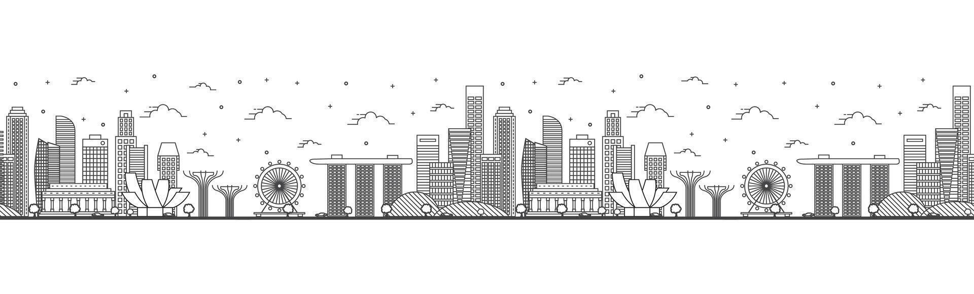 Seamless pattern with outline Singapore City Skyline with Modern Buildings Isolated on White. Singapore Cityscape with Landmarks. vector