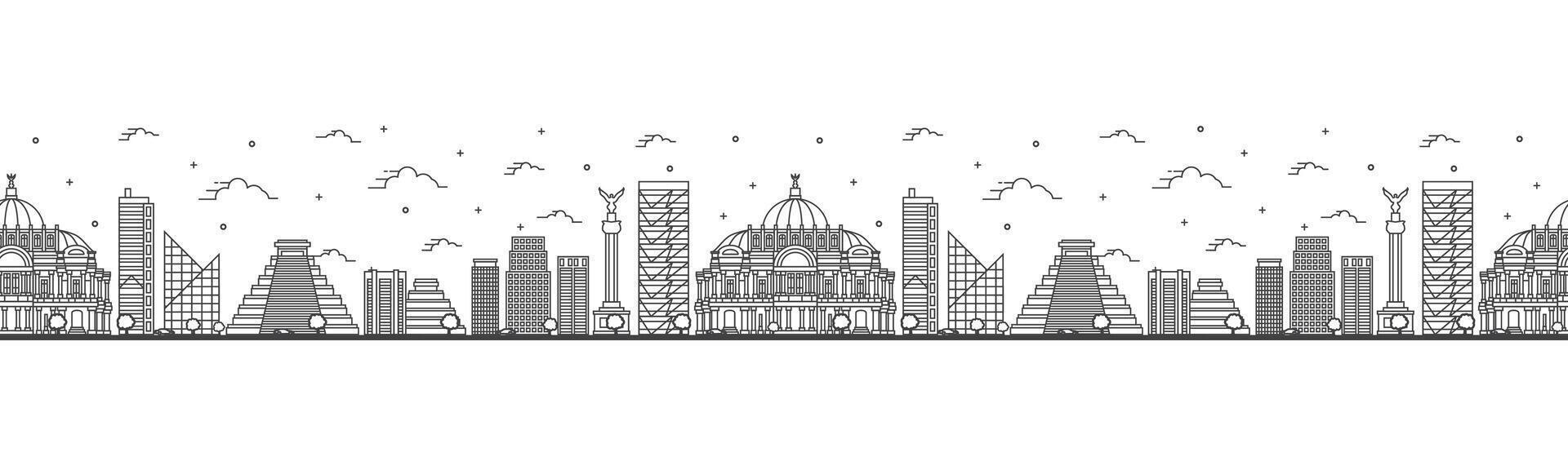 Seamless pattern with outline Mexico City Skyline with Historical Buildings Isolated on White. Mexico Cityscape with Landmarks. vector