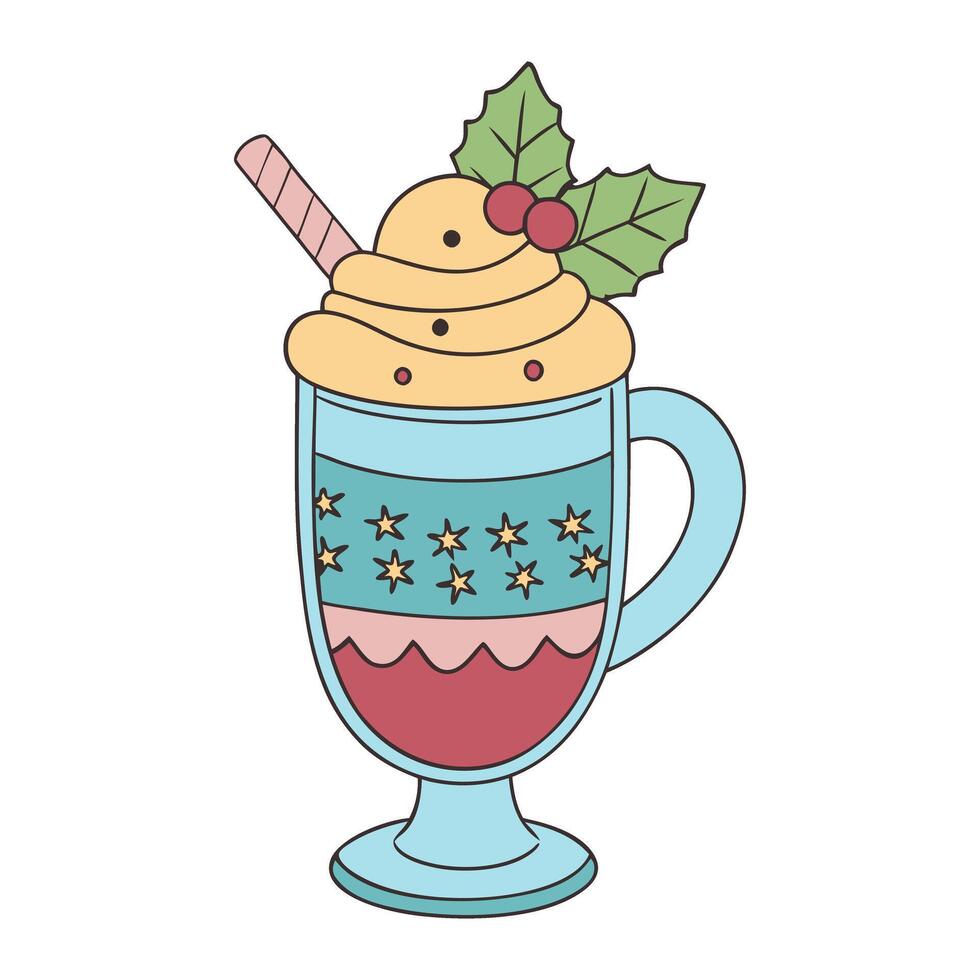Festive holiday eggnog mug with holly and candy straw in style vector