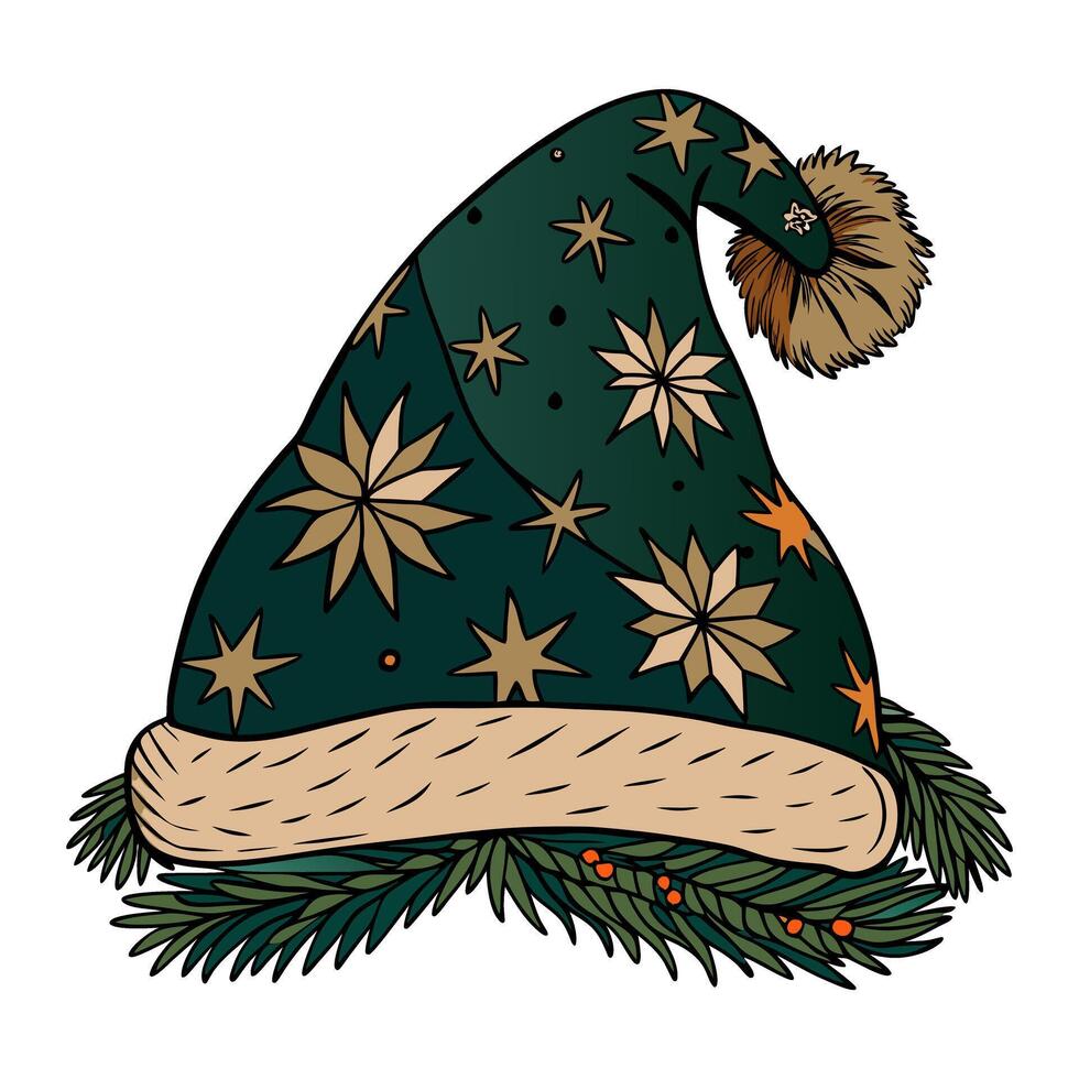 Festive green winter hat with star and pine accents vector