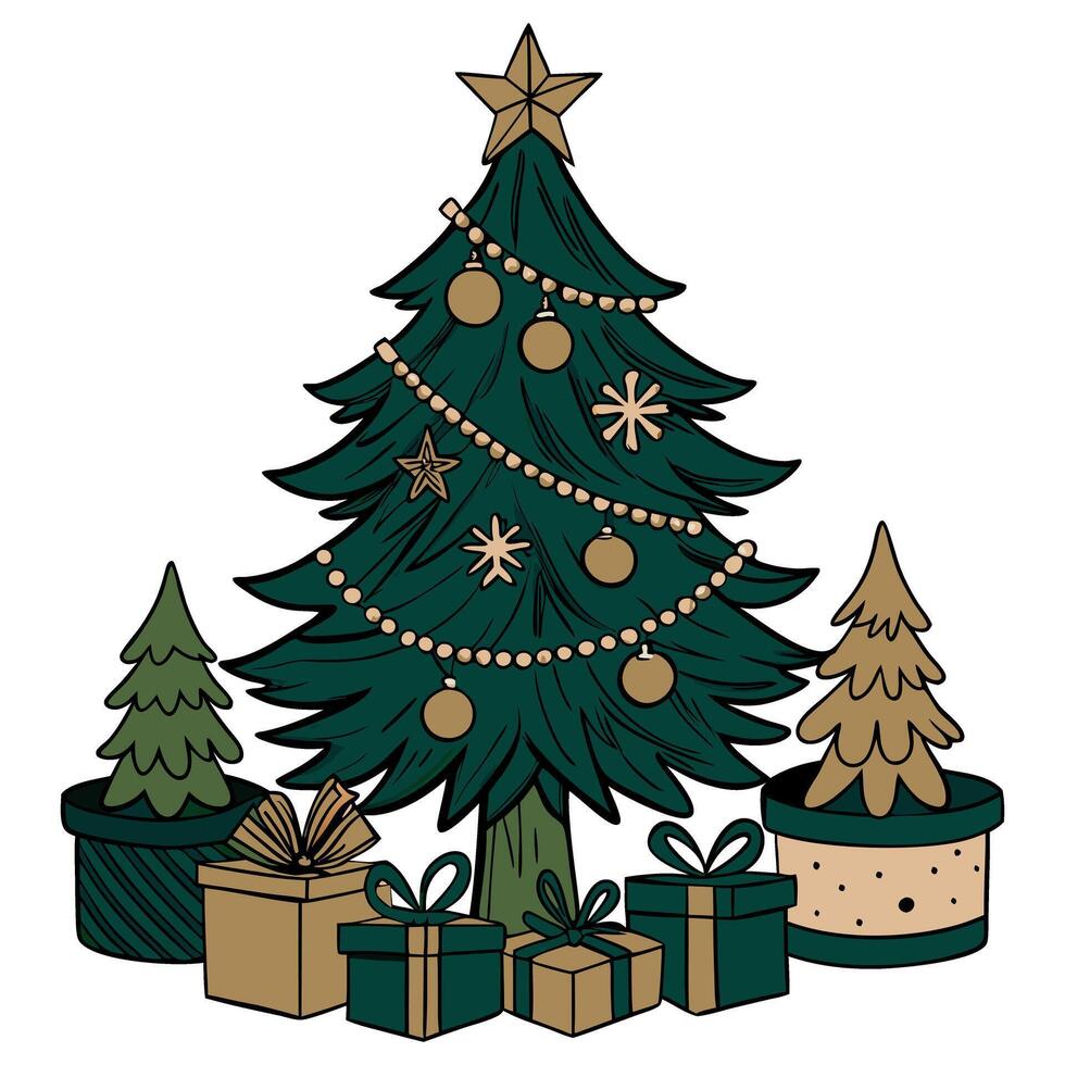 Festive christmas tree with gifts and decorations in hand drawn illustration vector
