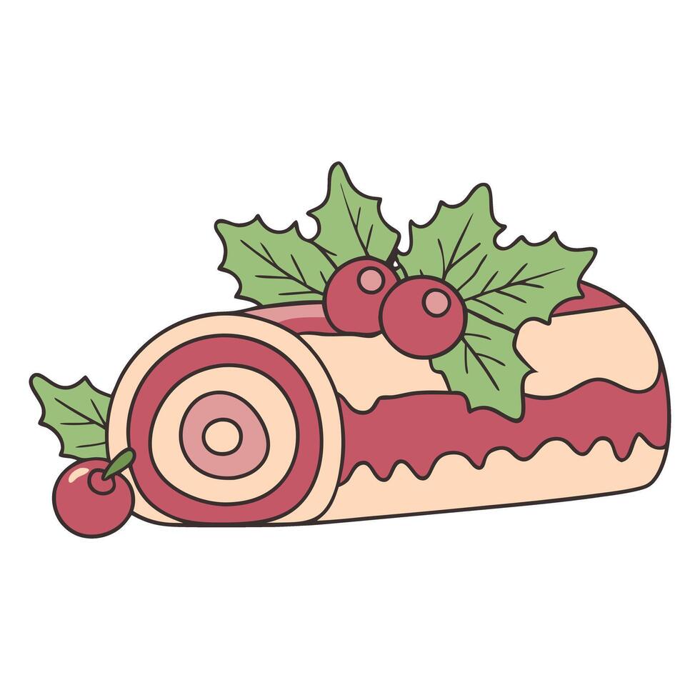 Festive yule log illustration with berries and holly leaves in a whimsical style vector