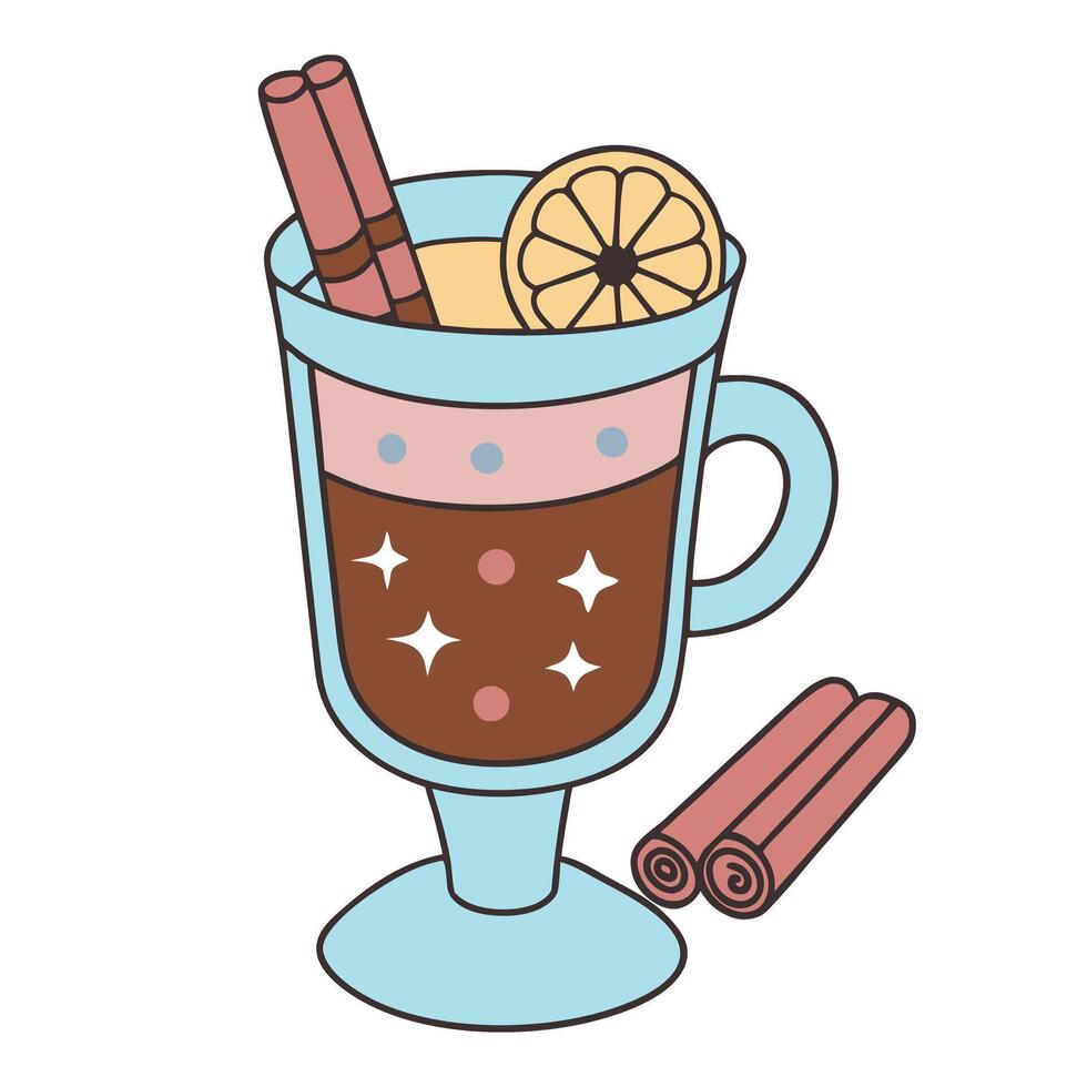 Warm winter drink with cinnamon and lemon in retro illustration style vector