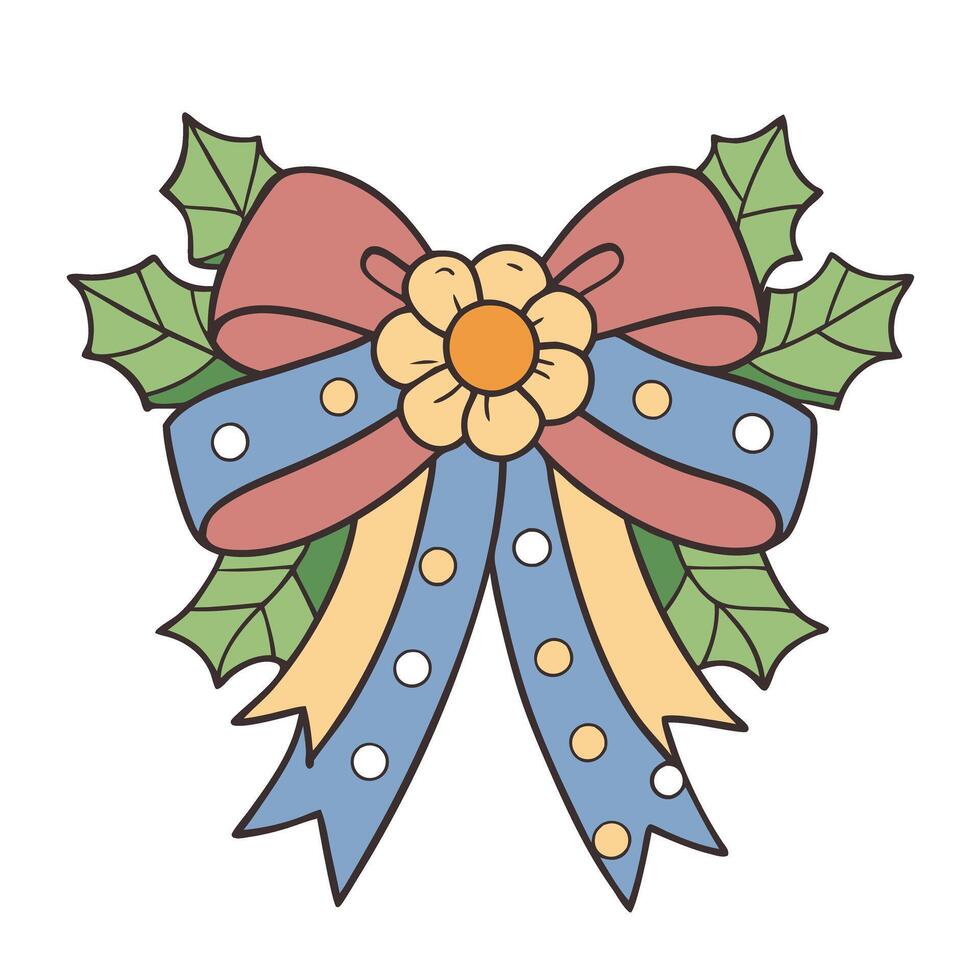 Festive bow with holly leaves and polka dot ribbons in flat style vector