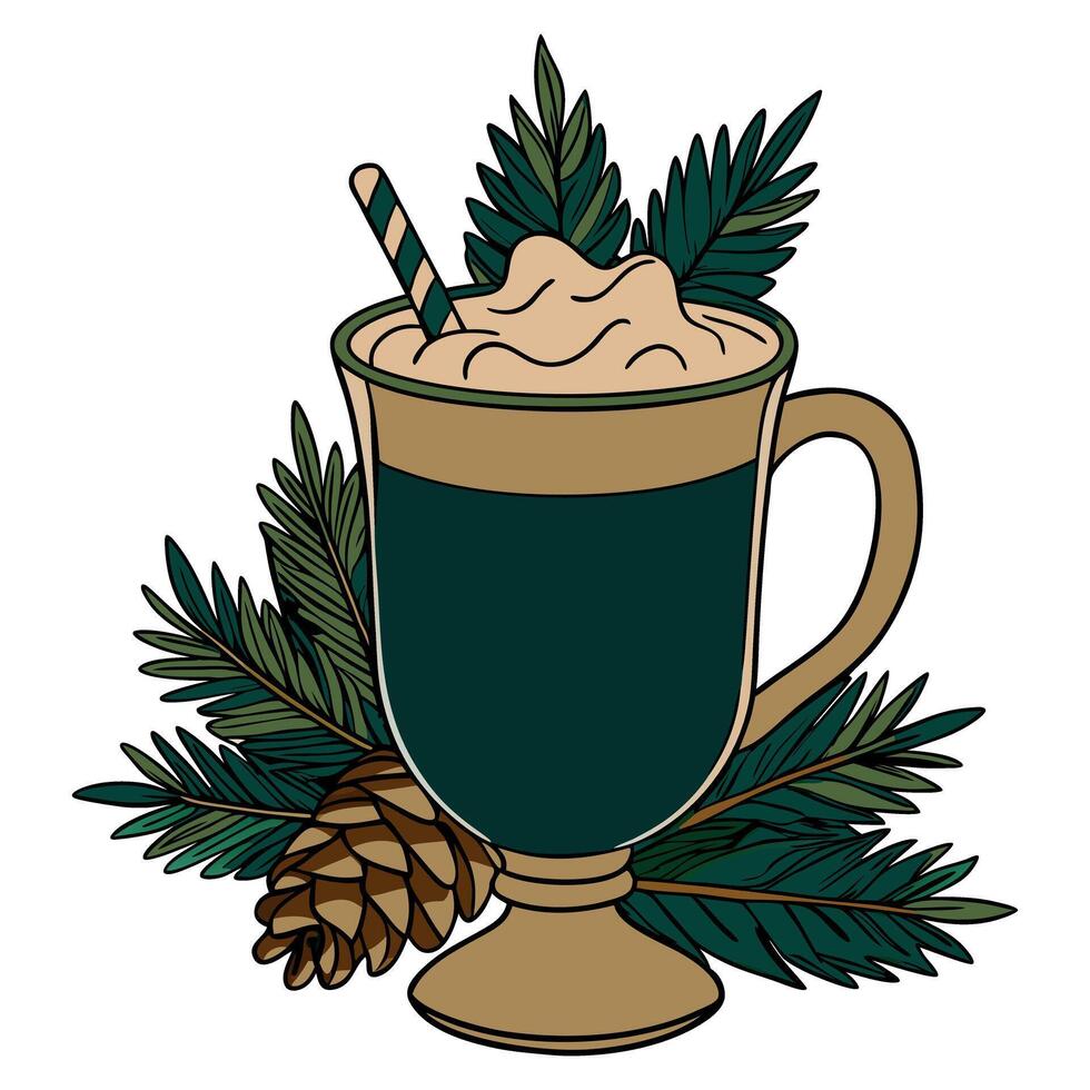 Festive eggnog illustration with pine branches and creamy texture in a warm holiday style vector
