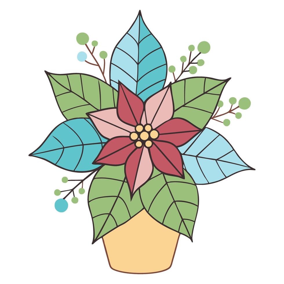 Colorful poinsettia flower in pot with abstract leaves in style vector