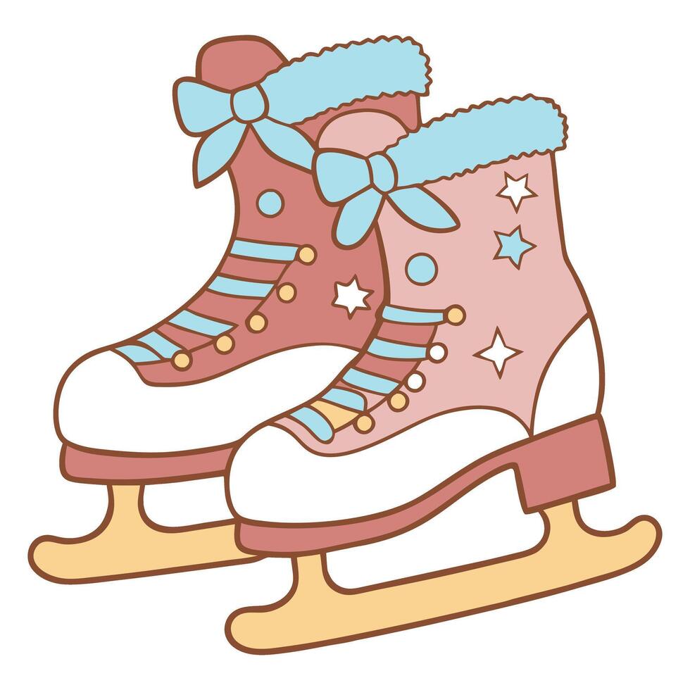 Pastel ice skates illustration with bows, stars, and fluffy trim in whimsical cartoon style vector