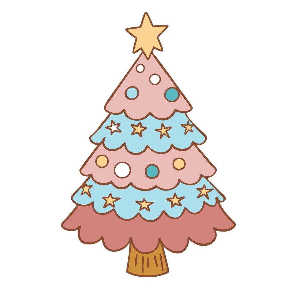 Whimsical pastel Christmas tree with stars and ornaments in cartoon style vector