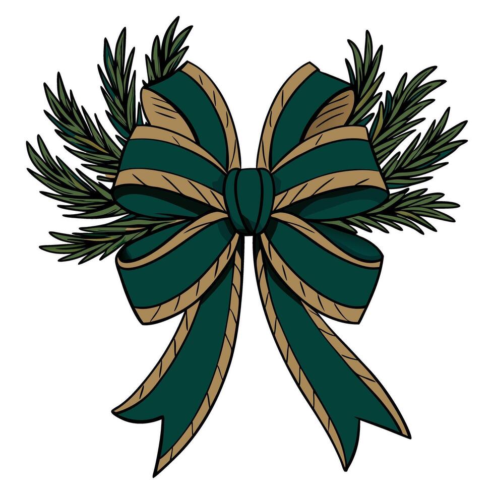 Green holiday bow with pine branches in decorative illustration vector