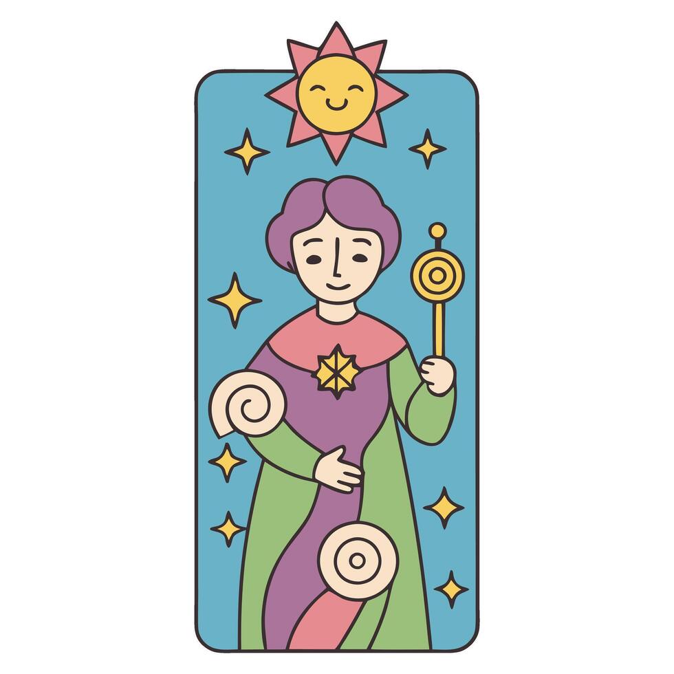 Whimsical celestial figure under a smiling sun in pastel colors vector