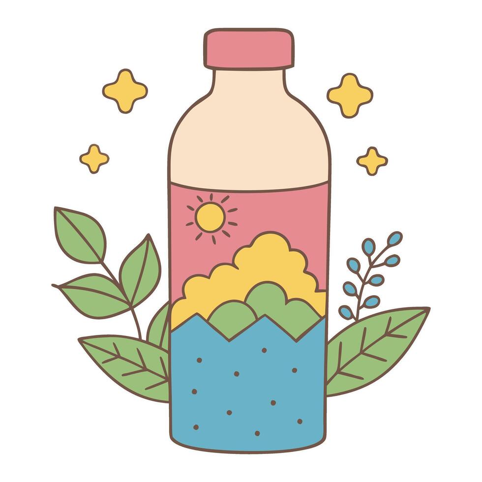Eco friendly bottle with nature landscape illustration and pastel colors vector