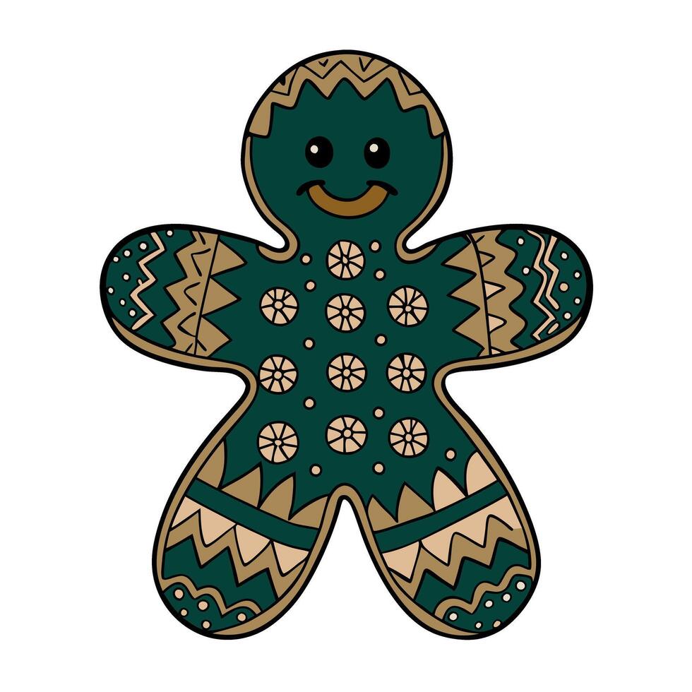 Festive gingerbread man with intricate green and gold patterns vector