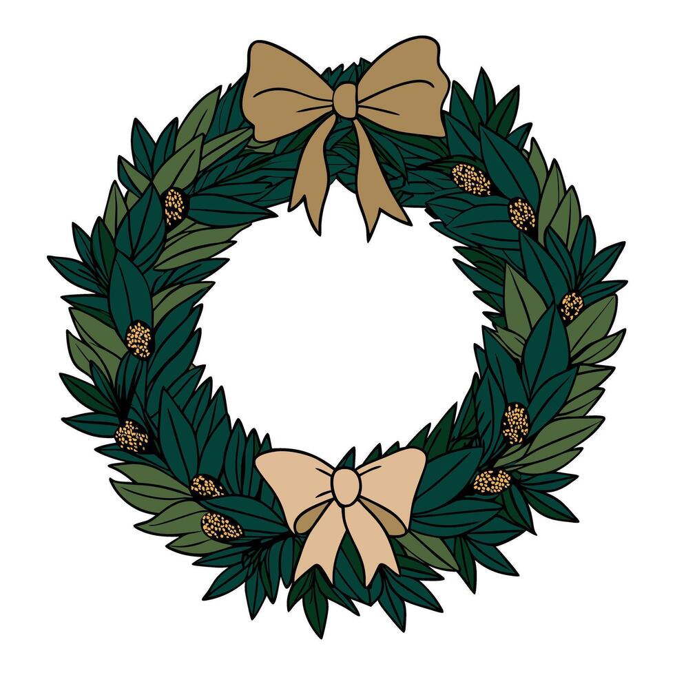 Festive wreath with green leaves and golden bows in illustration style vector