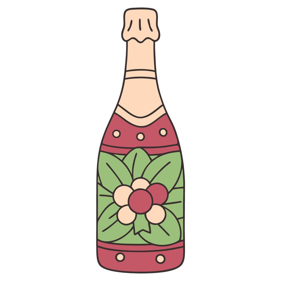 Festive champagne bottle illustration with floral decoration in flat style vector