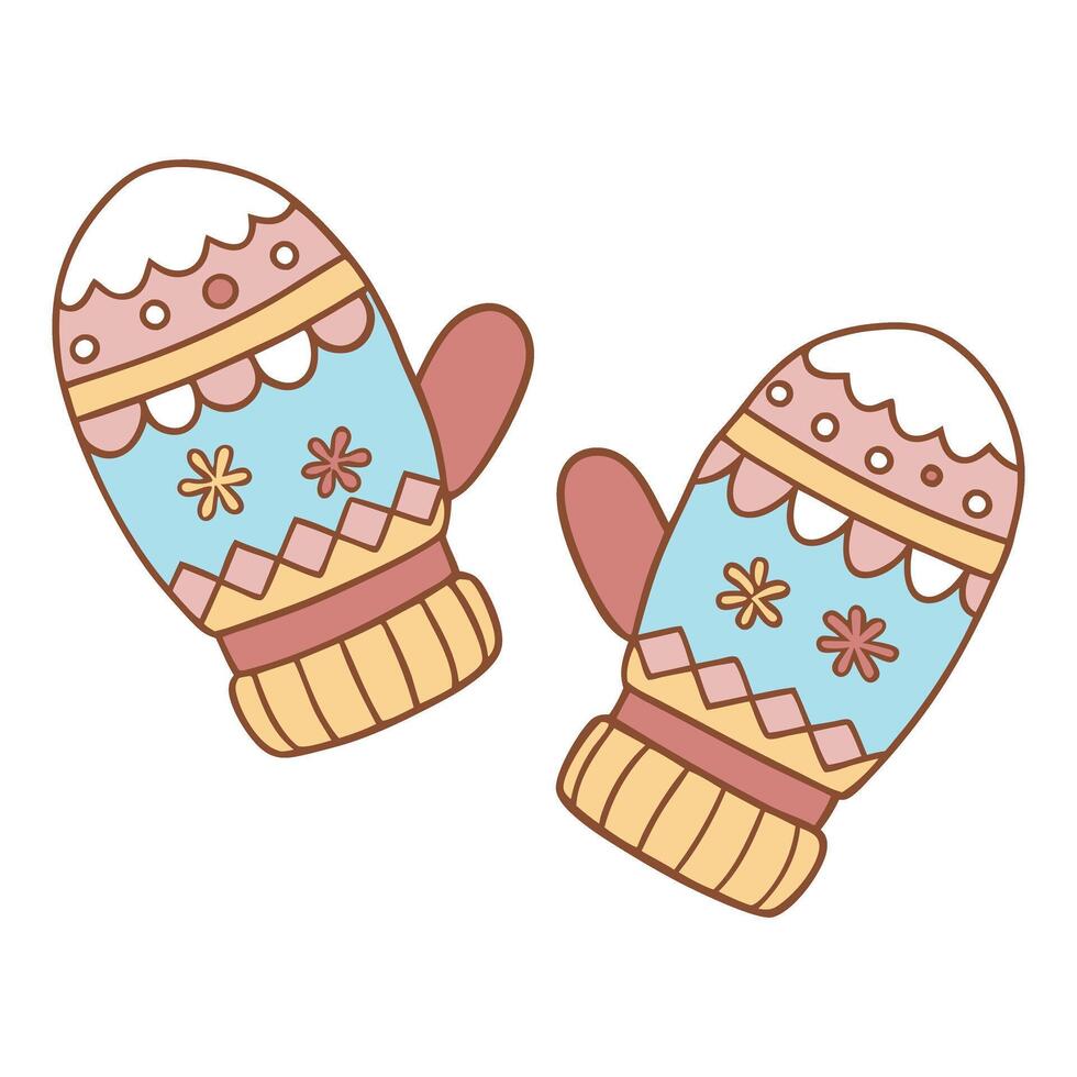 Cozy winter mittens illustration in pastel colors with floral patterns vector