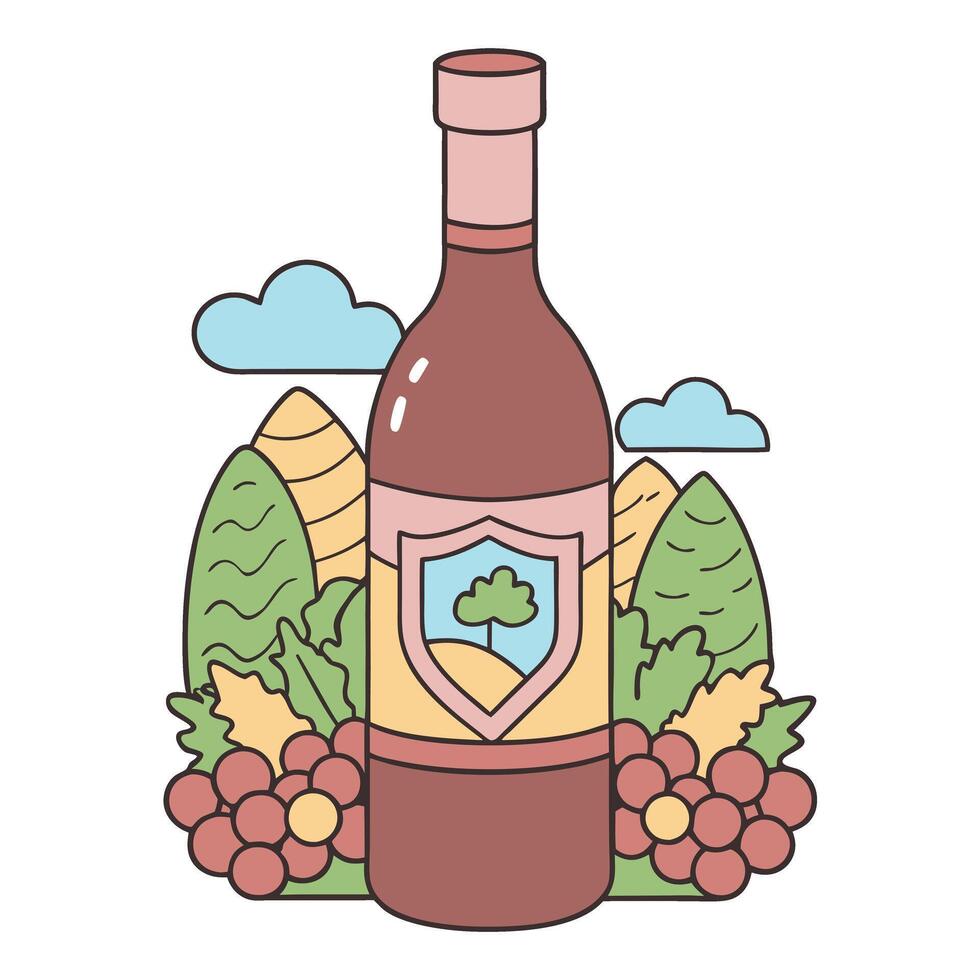 Wine bottle and vineyard landscape in flat illustration style vector