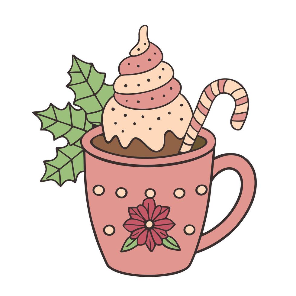 Festive mug with whipped cream and candy cane in a cozy Christmas illustration vector