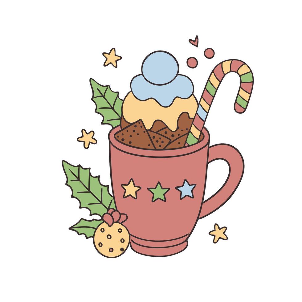 Festive hot chocolate mug with candy cane and holly in pastel illustration vector