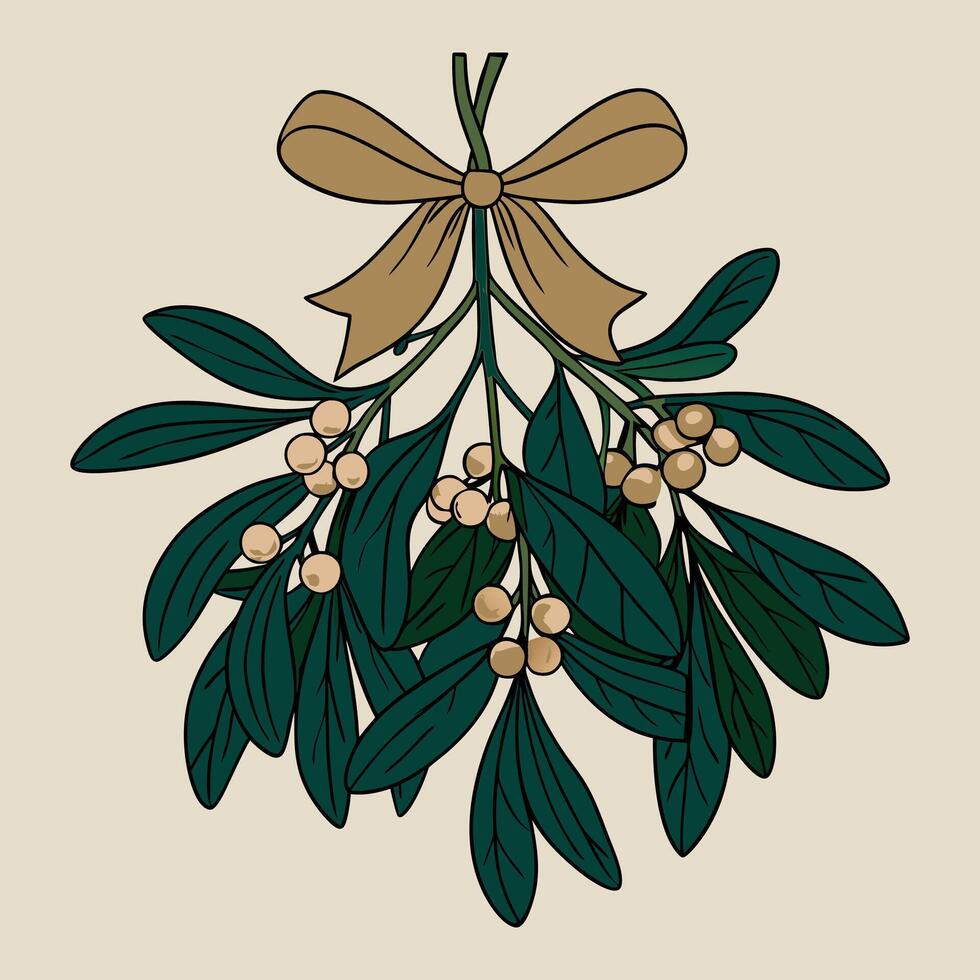 Mistletoe illustration with berries and bow in vintage style vector