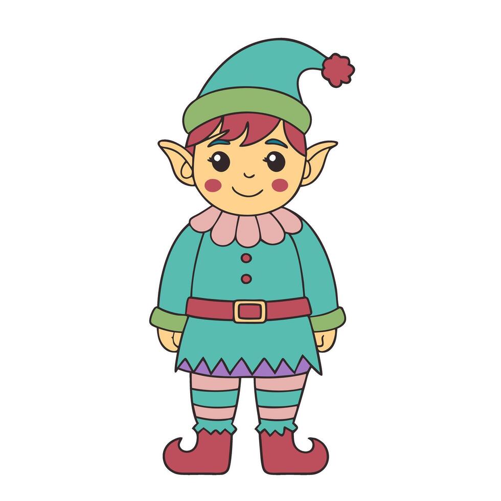 Cheerful Christmas Elf Character in Cute Cartoon Style for Holiday Designs vector