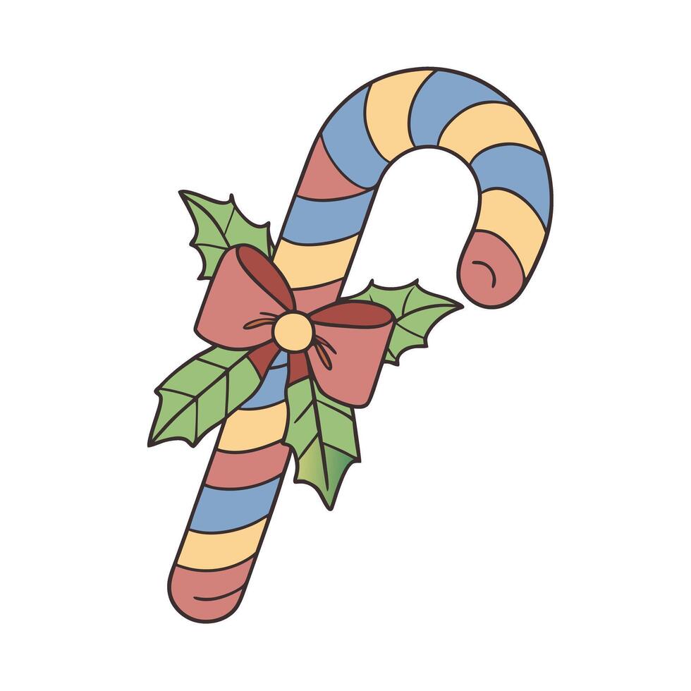 Festive candy cane with holly and bow in pastel colors illustration vector