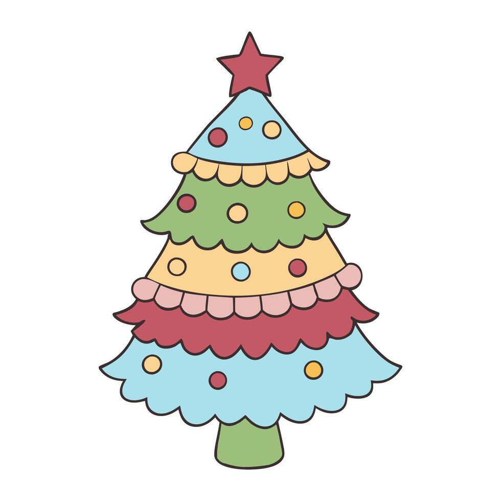 Whimsical layered Christmas tree with colorful ornaments and star vector
