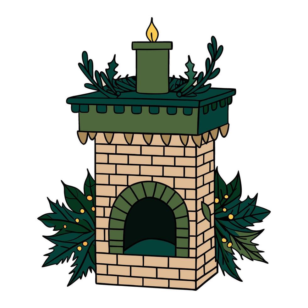 Cozy brick fireplace with greenery and candle in illustration style vector
