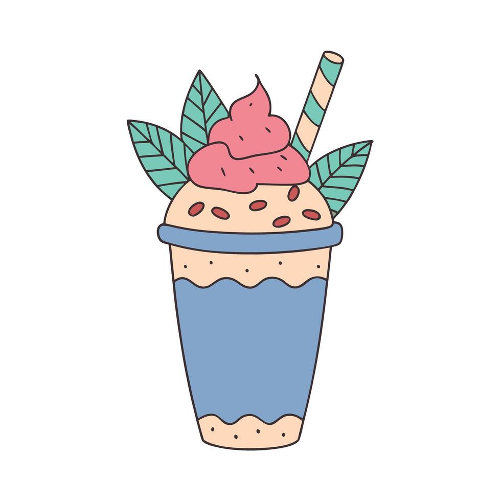 Tropical Smoothie Cup with Leaves and Straw in Cartoon Style vector