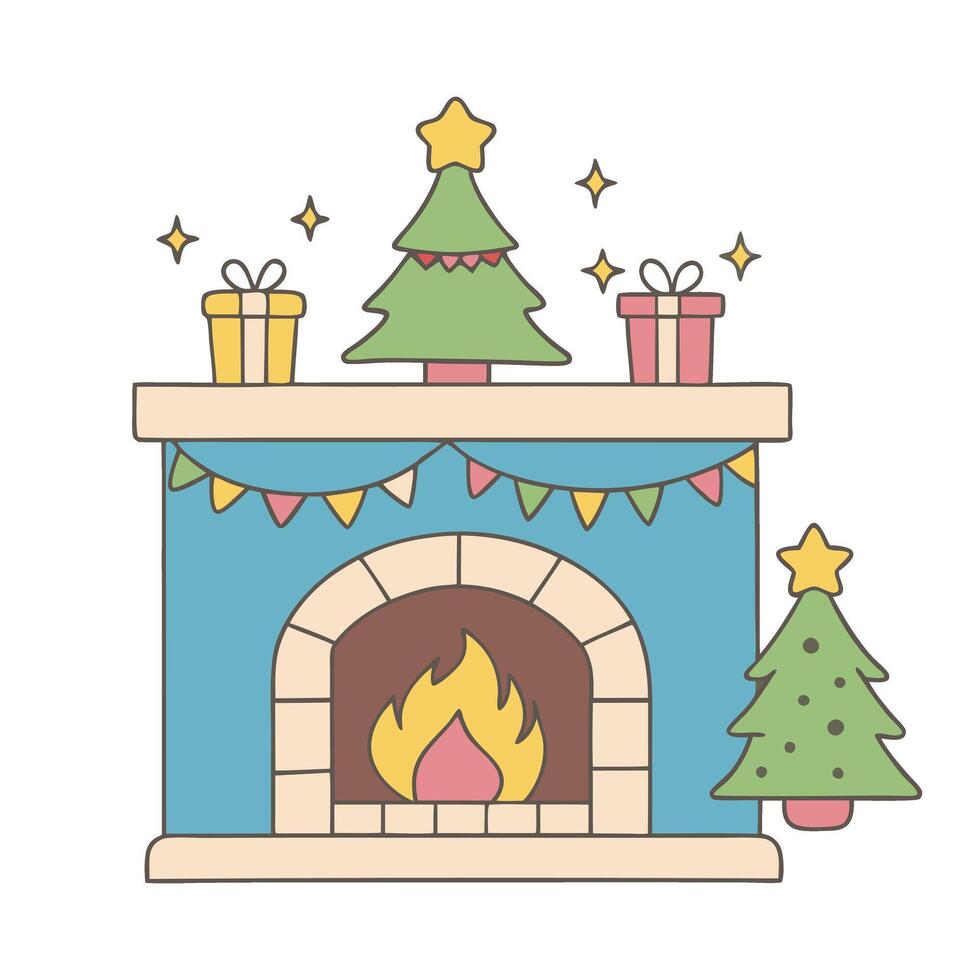 Cozy holiday fireplace illustration with Christmas tree and gifts in pastel colors vector