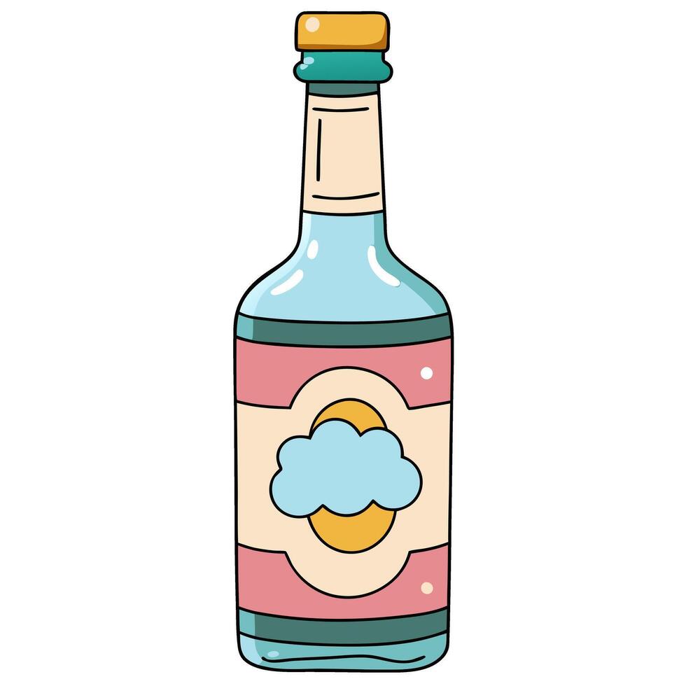 Colorful cartoon glass bottle with whimsical label design in a hand drawn style vector