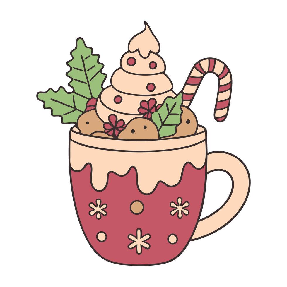 Festive hot chocolate in a decorated mug with candy cane and whipped cream vector