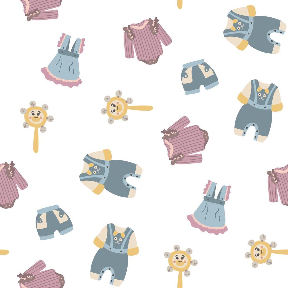 Children's Seamless pattern with clothes and toys. Design for fabric, textiles, wallpaper, packaging vector