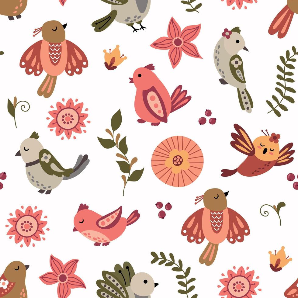 Seamless pattern with birds and flowers. Design for fabric, textiles, wallpaper, packaging vector