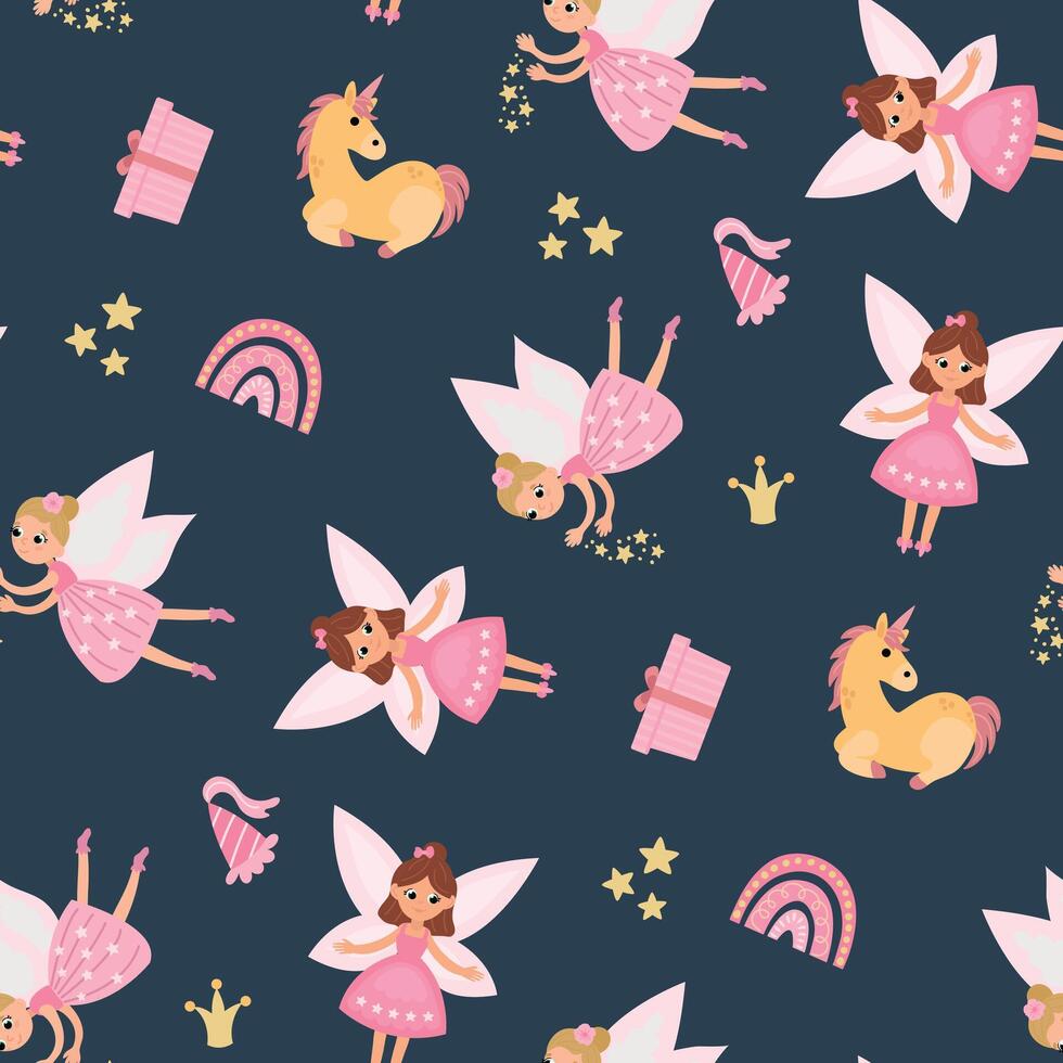 Magical Seamless Pattern with Fairies, Unicorn. Design for fabric, textile, wallpaper, packaging, nursery. vector