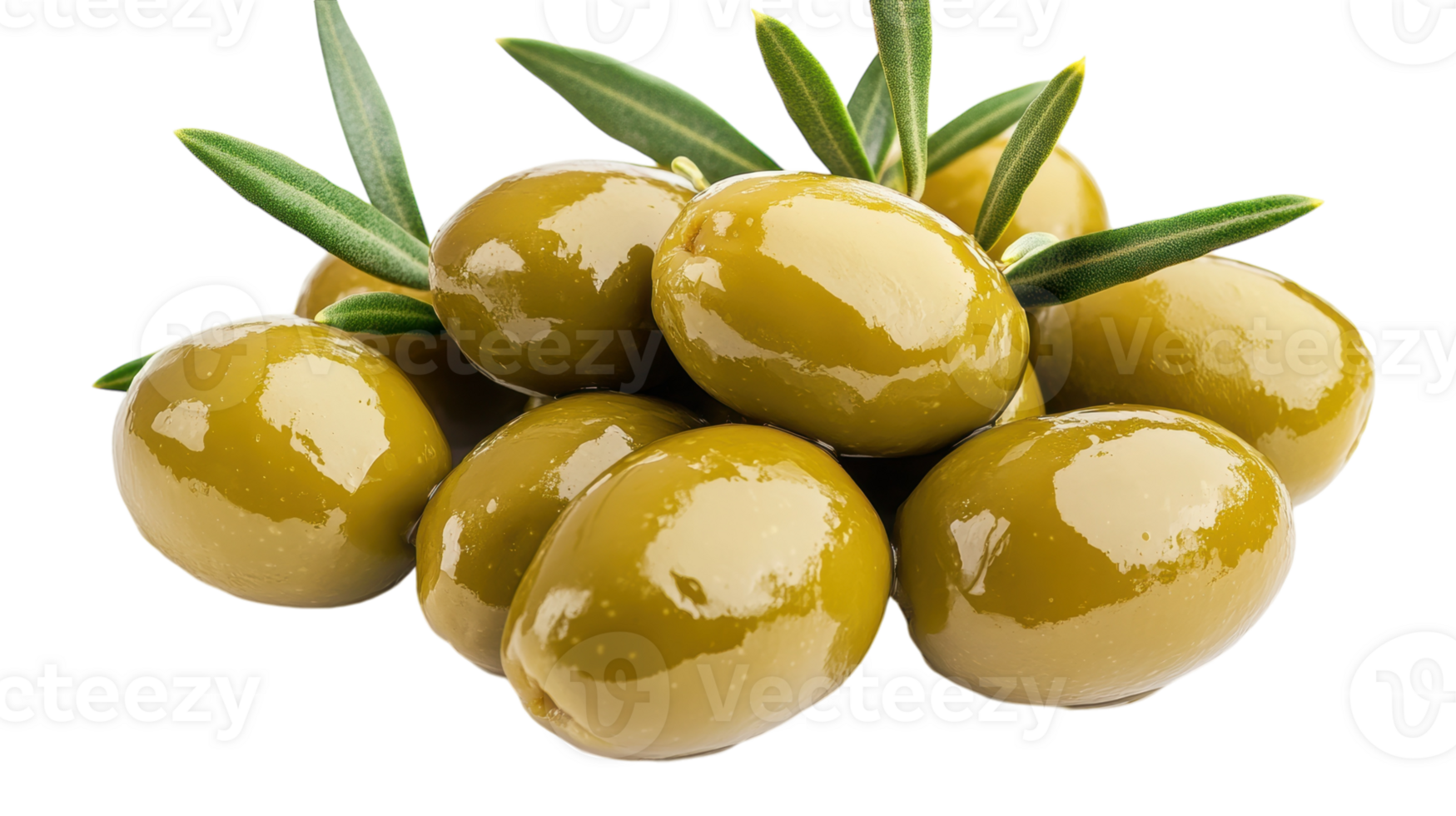 A cluster of shiny green olives rests surrounded by fresh leaves, showcasing their natural beauty. png