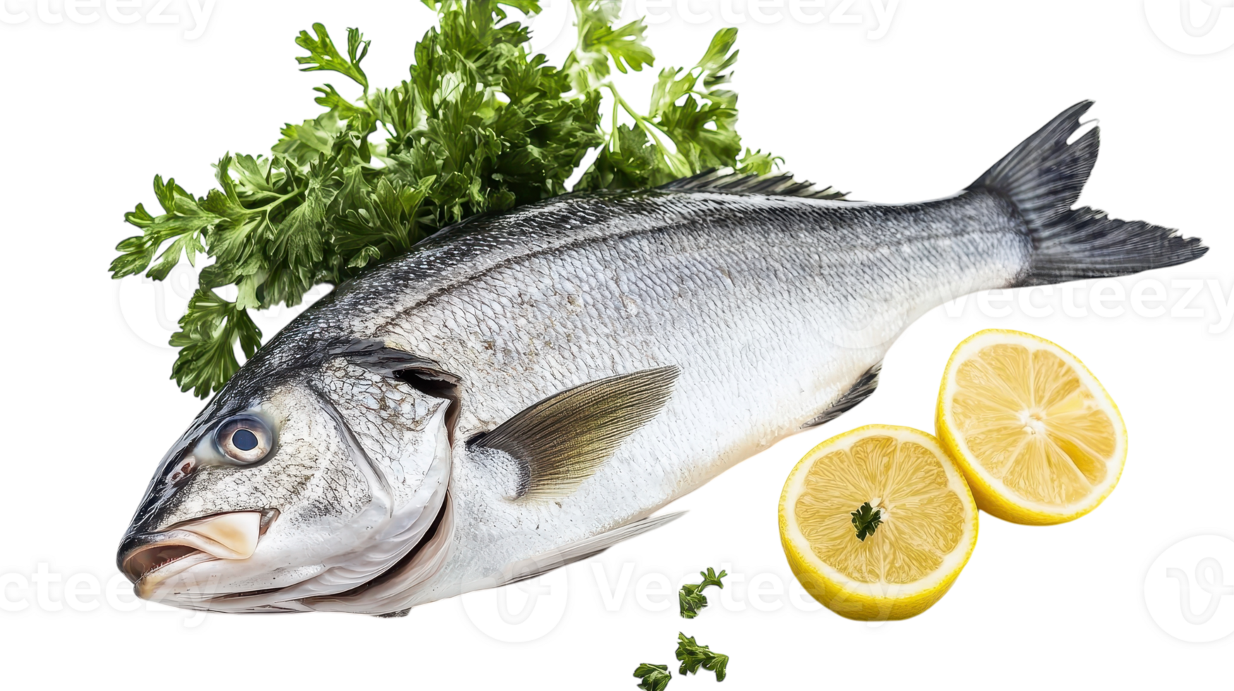 A whole fish lies surrounded by fresh herbs and sliced lemons, ideal for a delicious meal. png