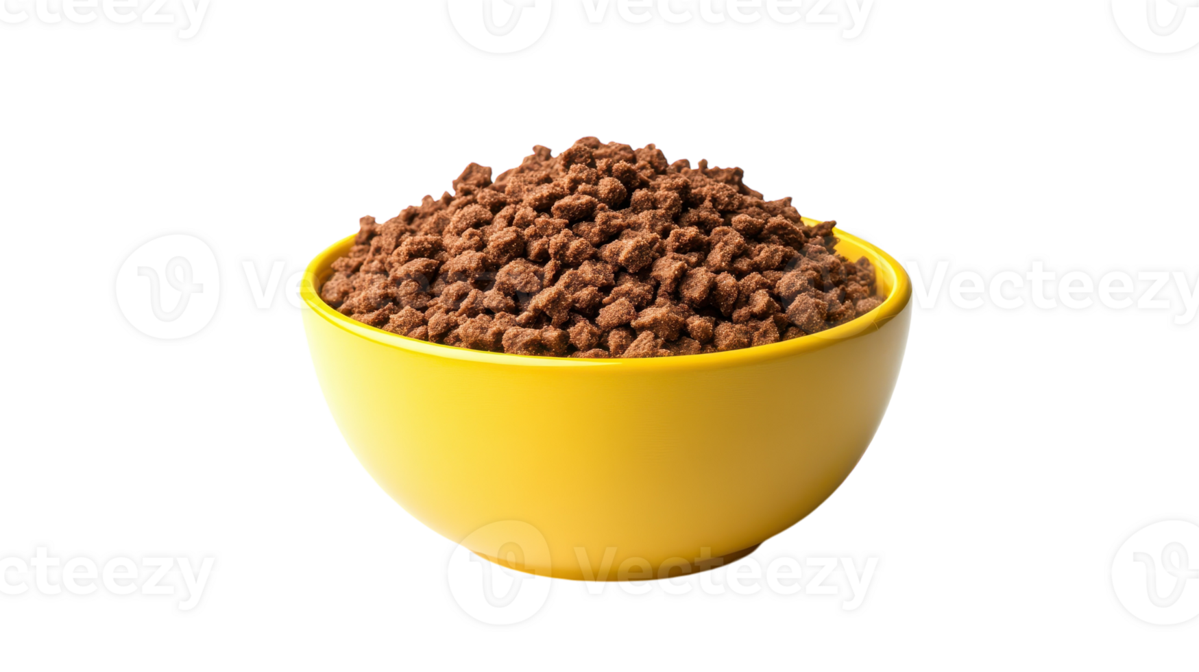 Delicious-looking dry pet food is heaped enticingly in a bright yellow bowl, inviting furry friends. png