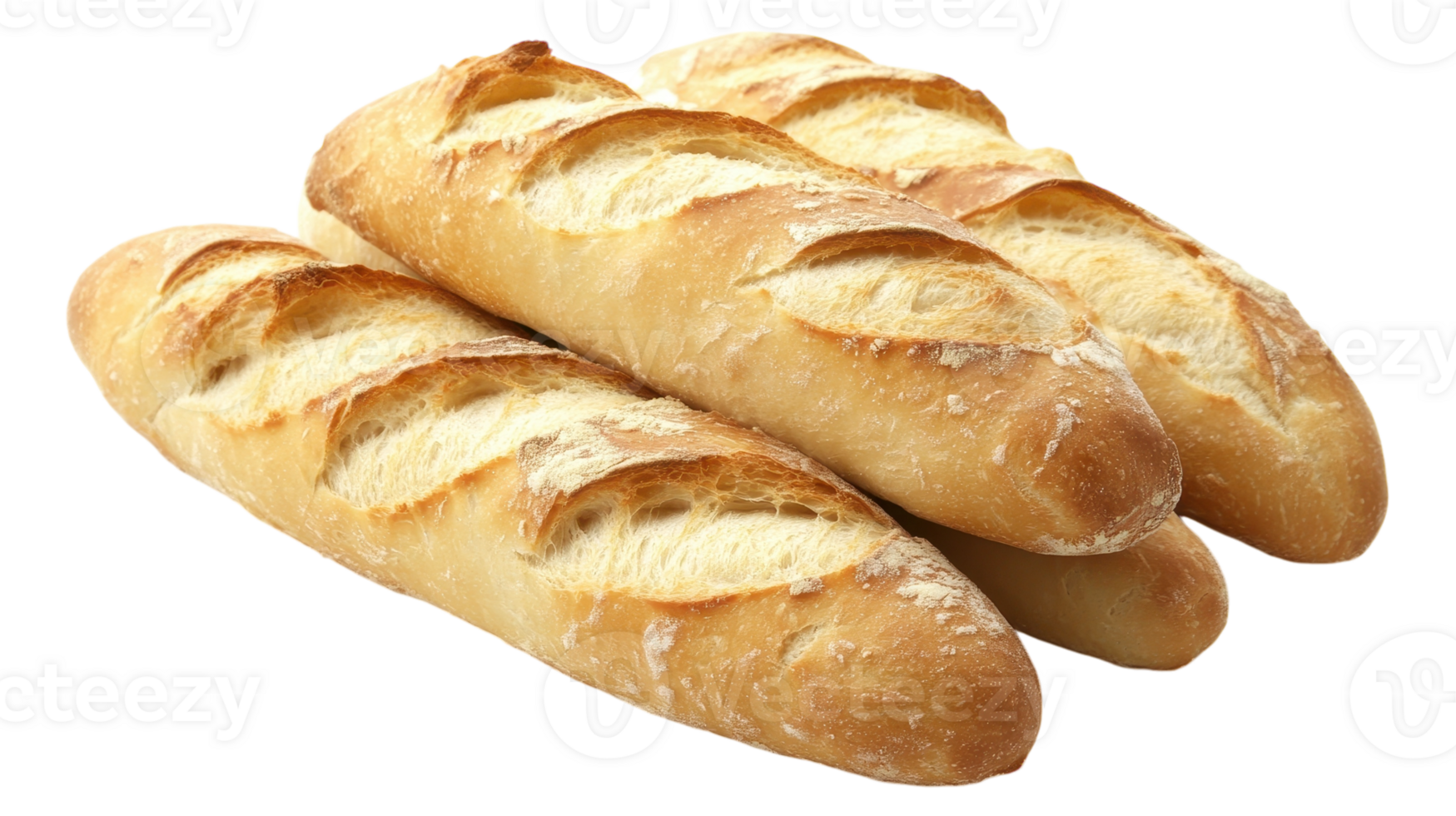Three golden baguettes with a crispy crust, displaying intricate slashes, evoke warmth and comfort. png