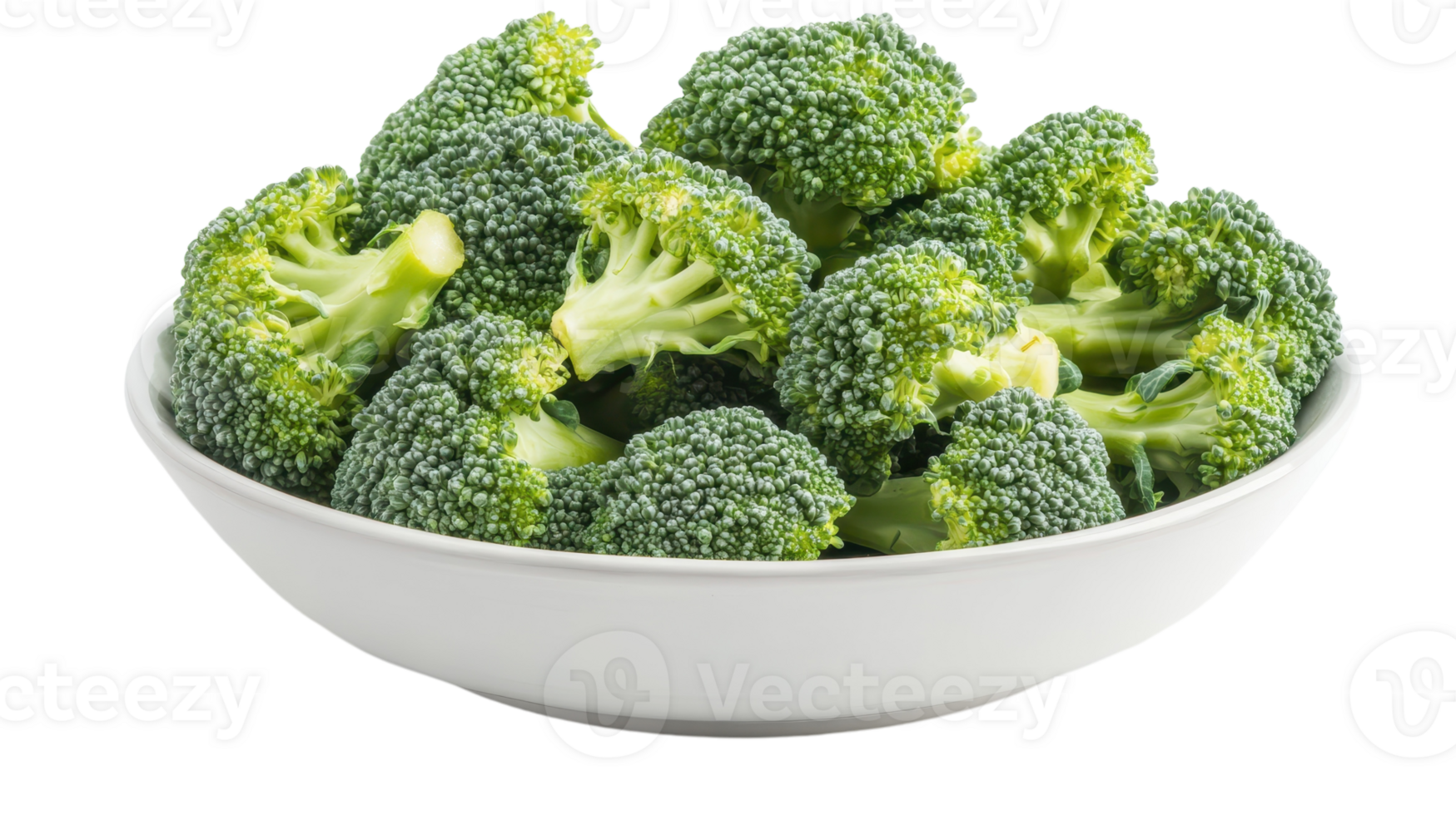 Vibrant green broccoli florets sit invitingly in a white bowl, emphasizing health and freshness. png