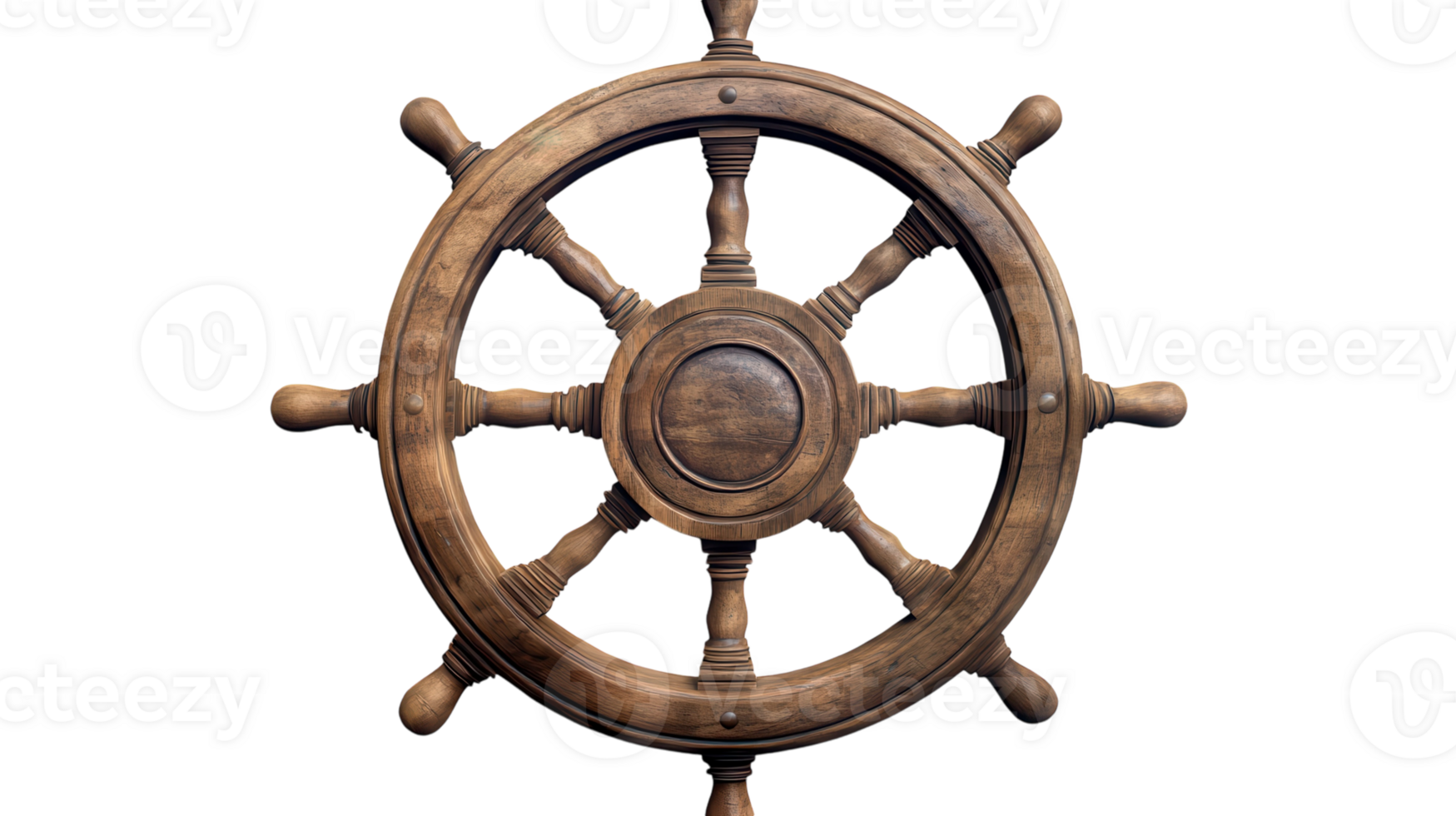 A detailed view of a traditional wooden ship's steering wheel against a transparent background. png