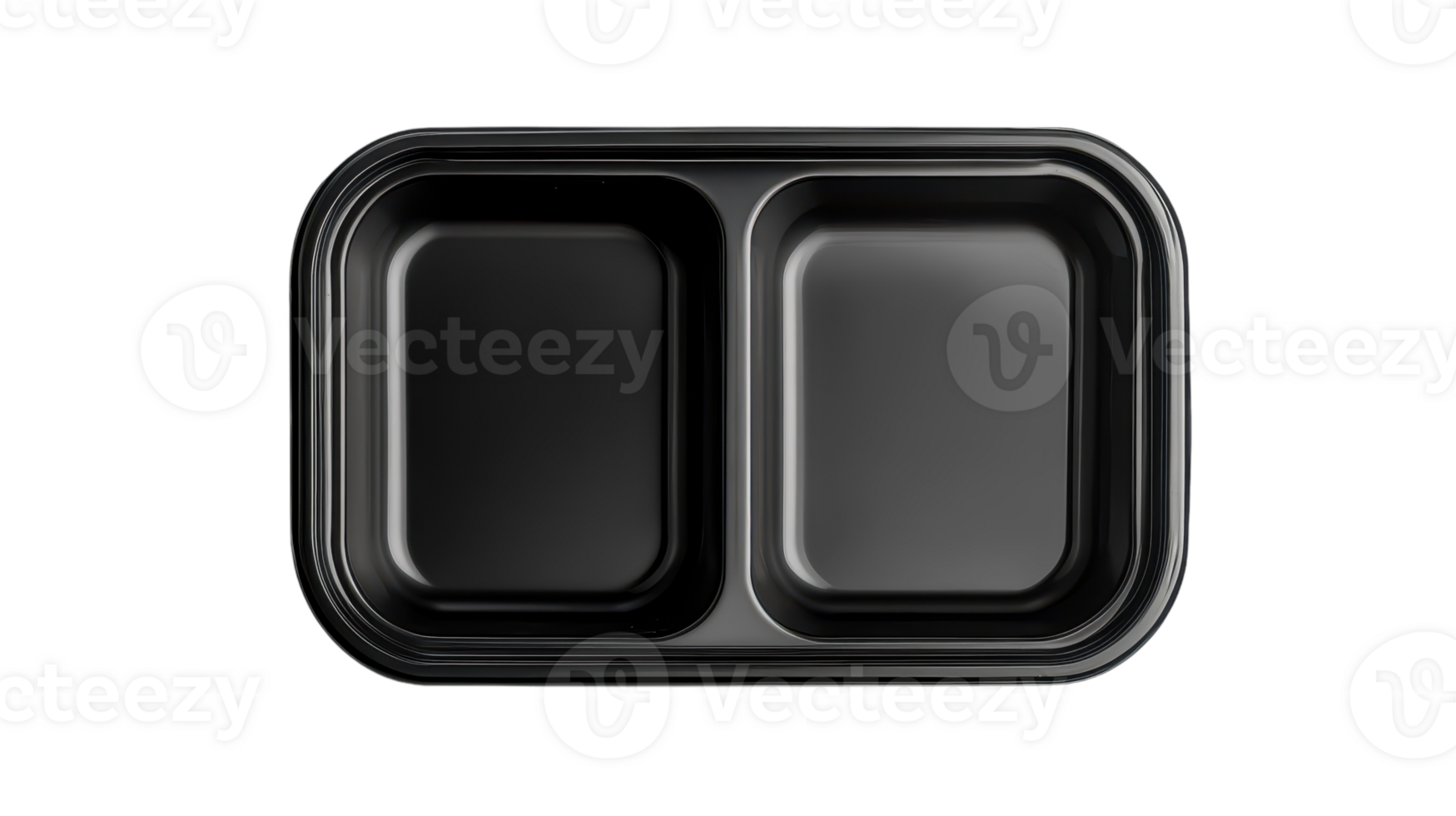 A black, divided food container suitable for meal prepping, taken on a neutral background to emphasize its simple design and practicality. png