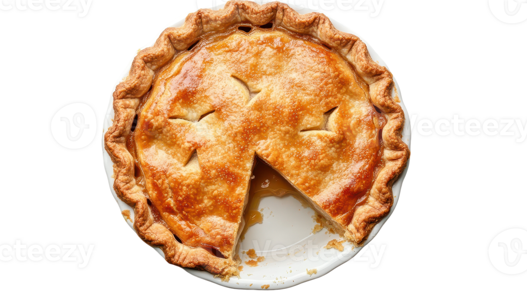 Freshly baked apple pie with a slice removed resting on a white plate, showcasing its golden crust and fruit filling. png