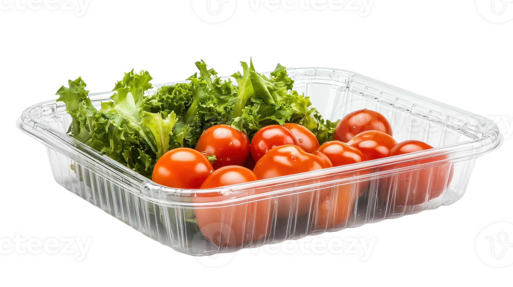Fresh cherry tomatoes and crisp lettuce in a clear plastic food container ready for salad preparation in a kitchen setting. png